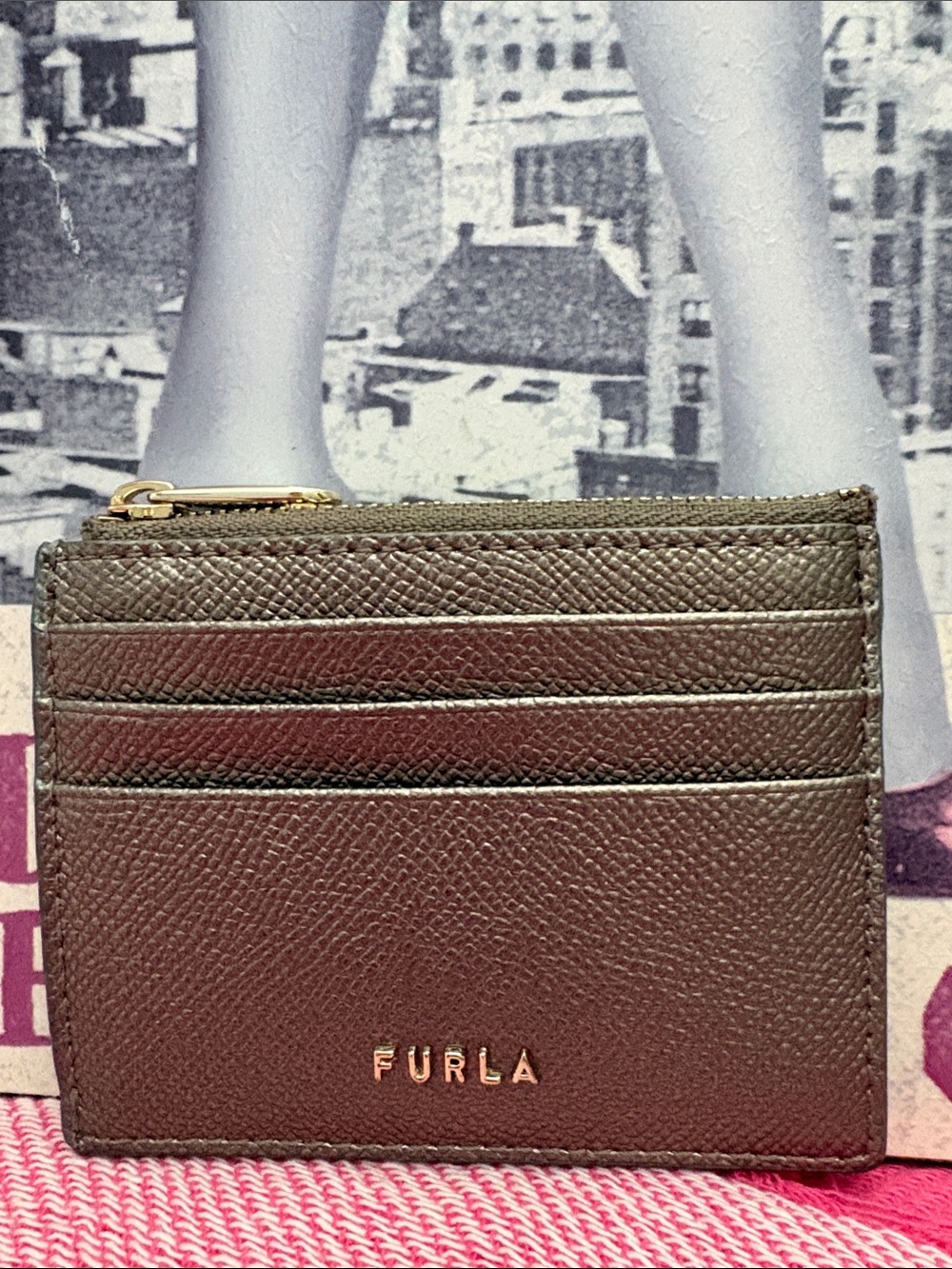 Furla metallic olive Green and Brown Pebbled Leather Card Case - Picture 1 of 8